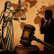 Ilustración de la figura de la justicia, un juez con mazo y un hombre de negocios fumando, sobre un mapa mundial
