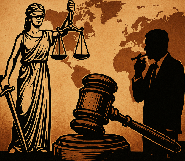 Ilustración de la figura de la justicia, un juez con mazo y un hombre de negocios fumando, sobre un mapa mundial