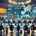 Sala de control del Departamento de Seguridad Nacional en España, con personal militar y civil monitorizando sistemas tecnológicos avanzados.
