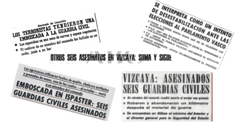Collage de titulares de periódicos informando sobre el asesinato de seis guardias civiles en una emboscada en Ispáster, Vizcaya, en 1980.