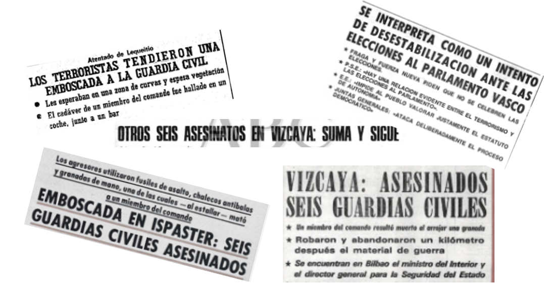 Collage de titulares de periódicos informando sobre el asesinato de seis guardias civiles en una emboscada en Ispáster, Vizcaya, en 1980.