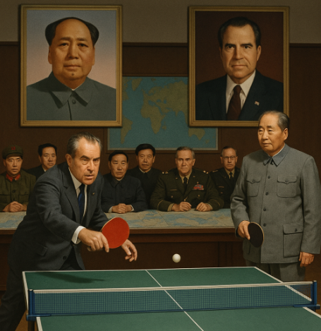 Representación simbólica de Nixon y Mao jugando al ping pong durante el deshielo diplomático entre EE. UU. y China.