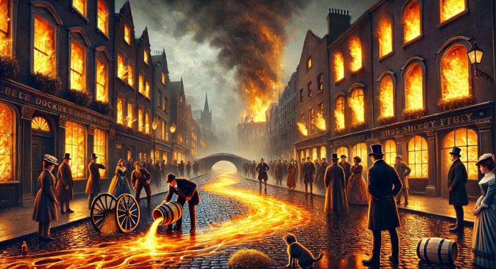 Ciudad victoriana con edificios en llamas y río de whisky encendido