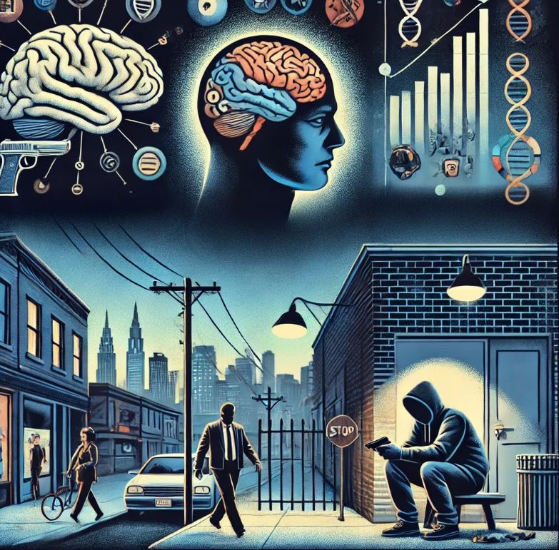 Ilustración conceptual que representa la intersección entre neurociencia, genética y entorno social en el estudio del comportamiento criminal.